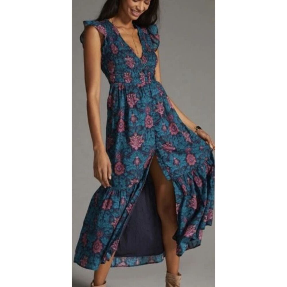 Anthropologie Peregrine Midi Dress Floral Teal Smocked Tiered Women sz Small